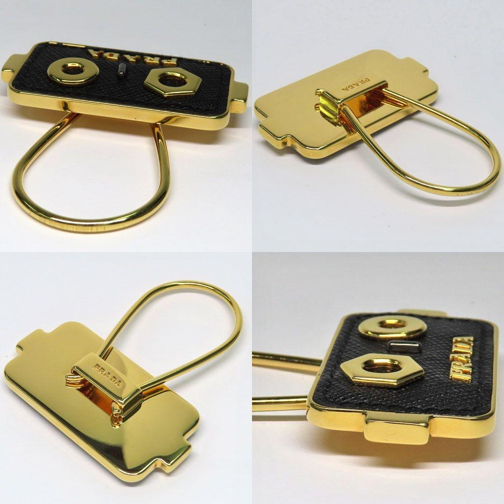 PRADA Key Ring Keychain Bag Charm Robot Leather Metal Black Gold Authentic