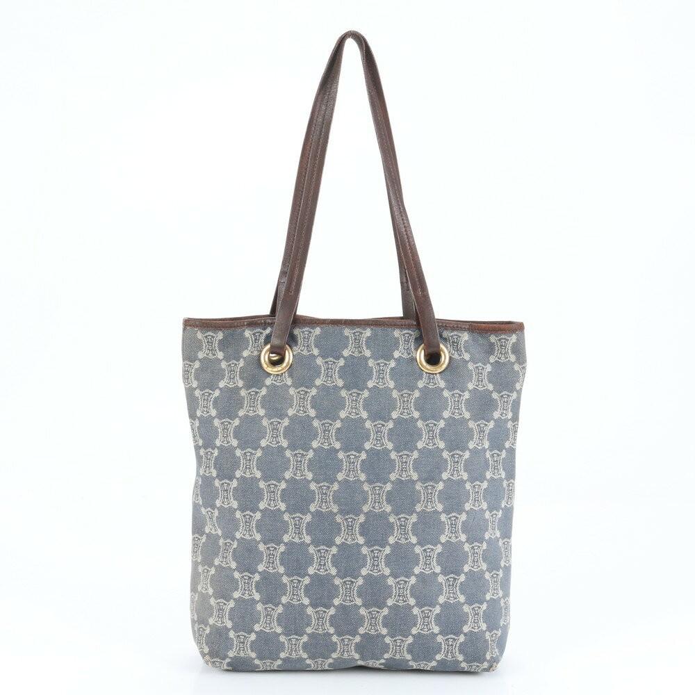 CELINE Hand Bag Tote Purse Macadam Denim Canvas Leather Blue Brown Authentic