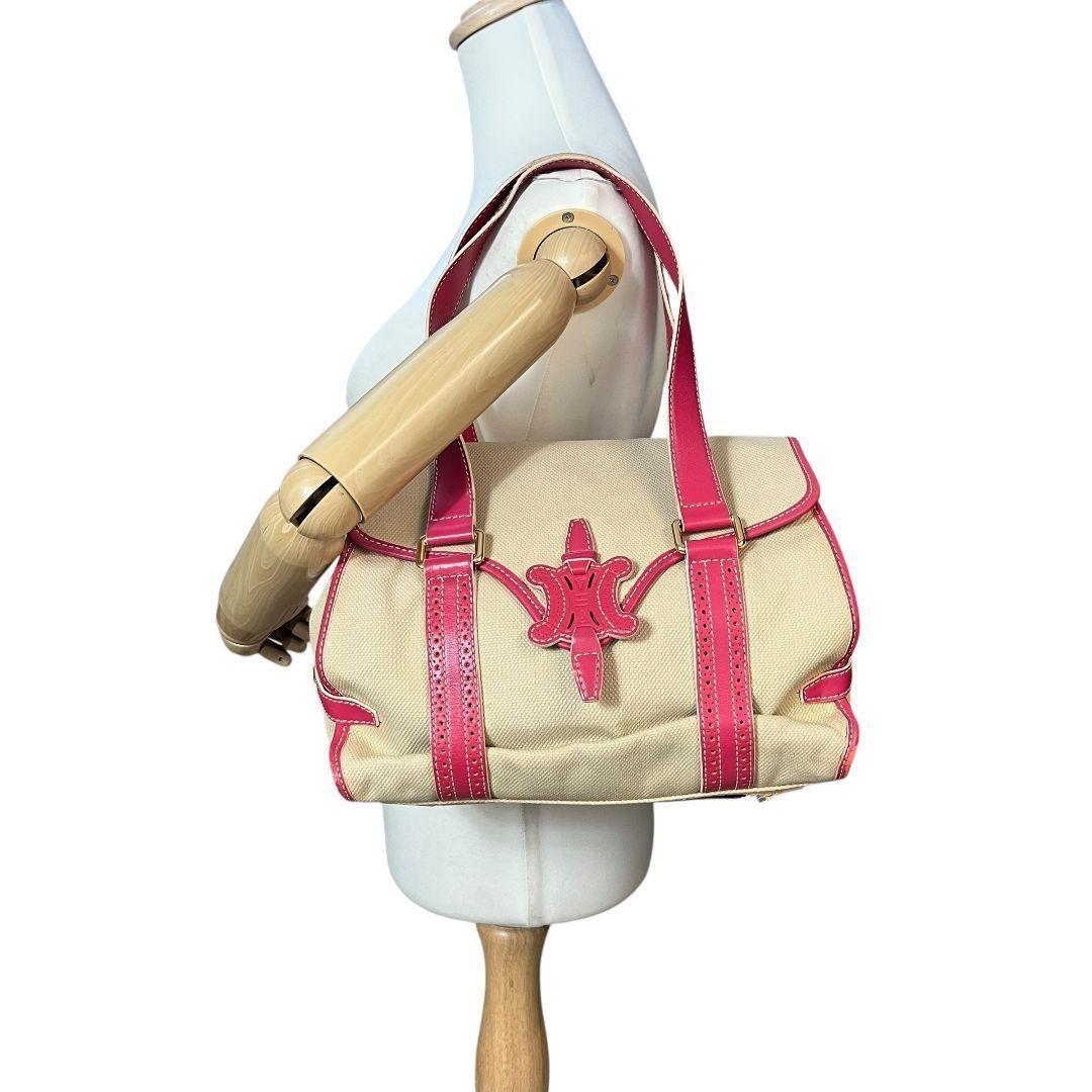 CELINE Hand Bag Tote Purse Macadam Canvas Pink Authentic