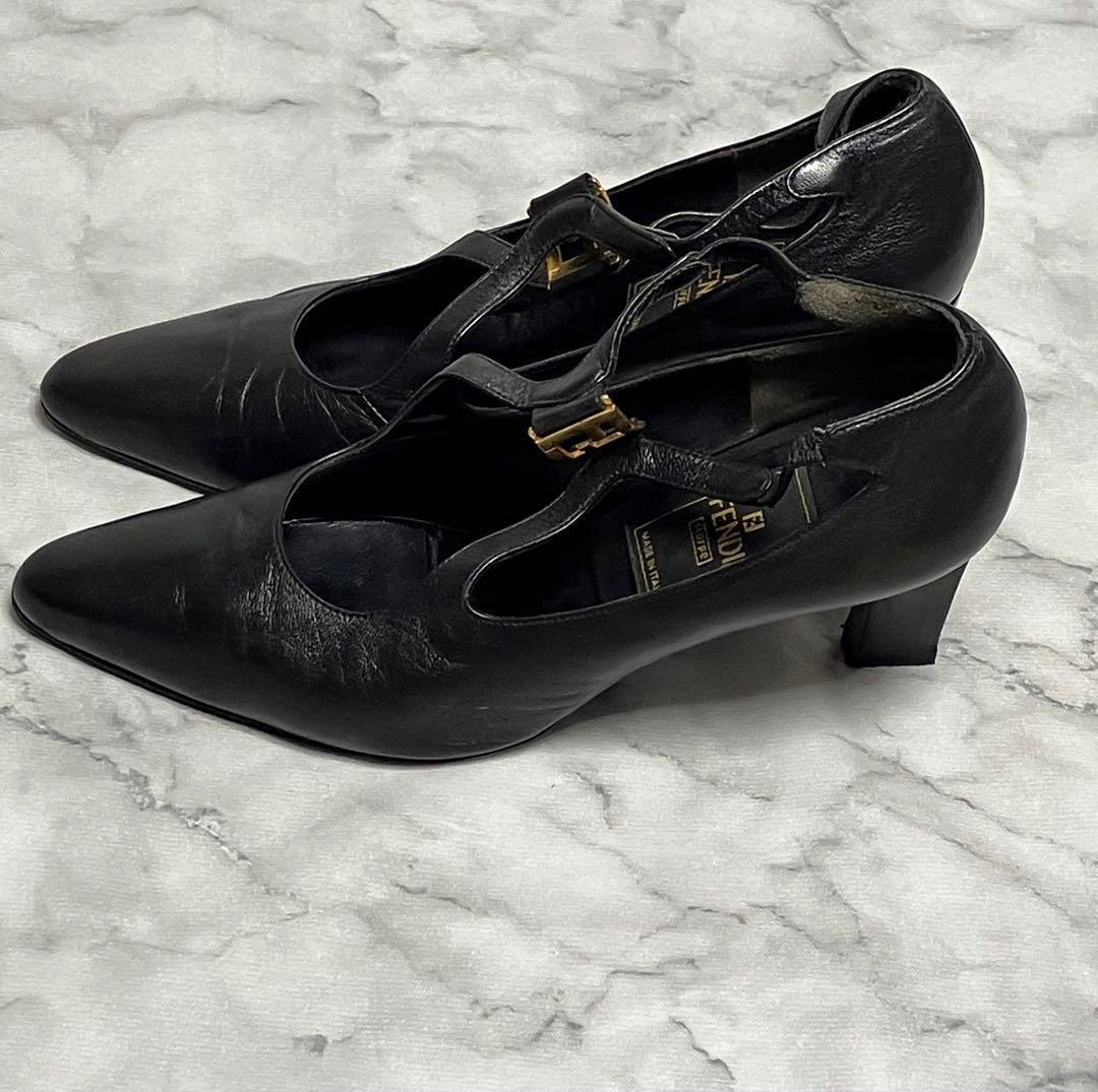 FENDI Shoes Pumps Heel FF EU 35.5 US 5.5 Leather Black Authentic