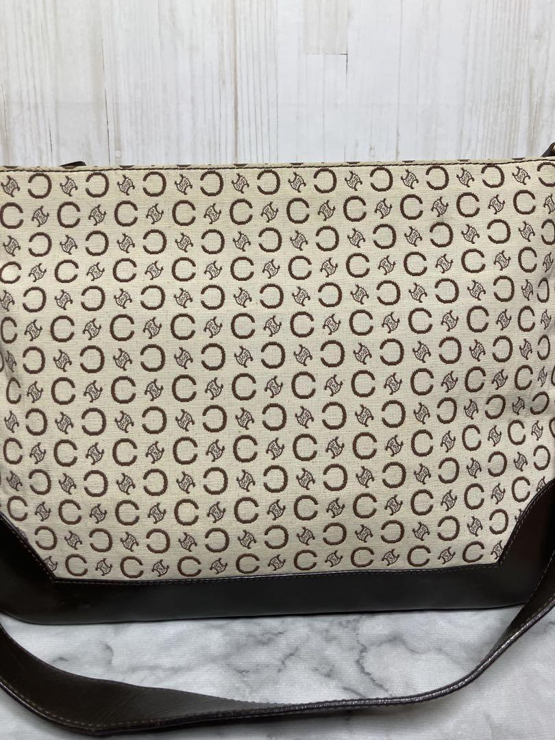 CELINE Shoulder Bag Purse C Macadam Canvas Leather Brown Off White Authentic