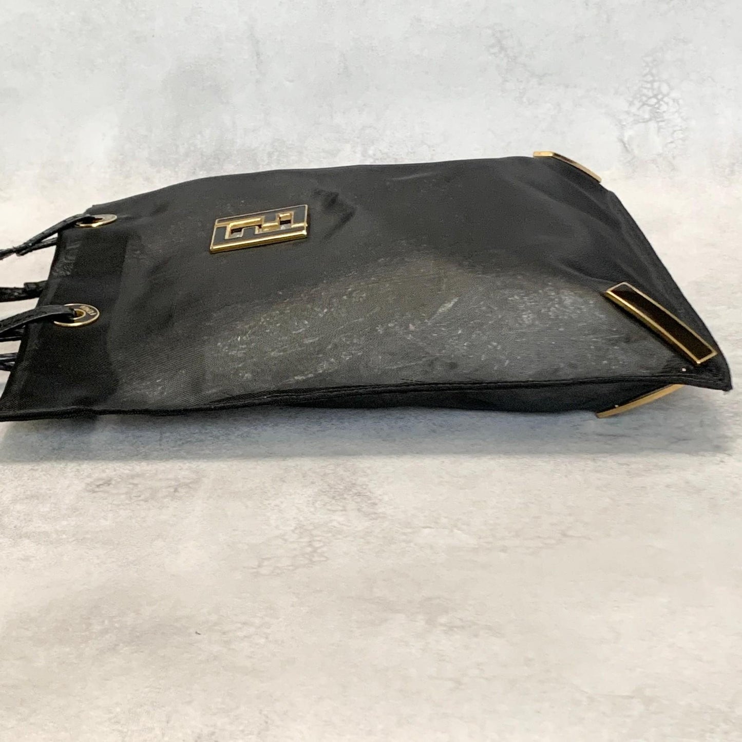 FENDI Handbag Tote Bag Purse Mesh Leather Black Gold Used Women's Authentic