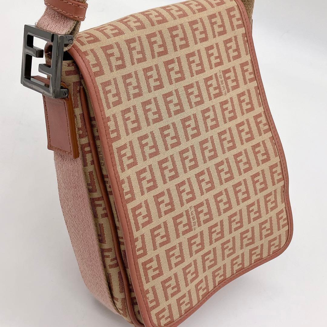 FENDI Shoulder Bag Purse FF Zucchino Canvas Leather Pink Beige Authentic