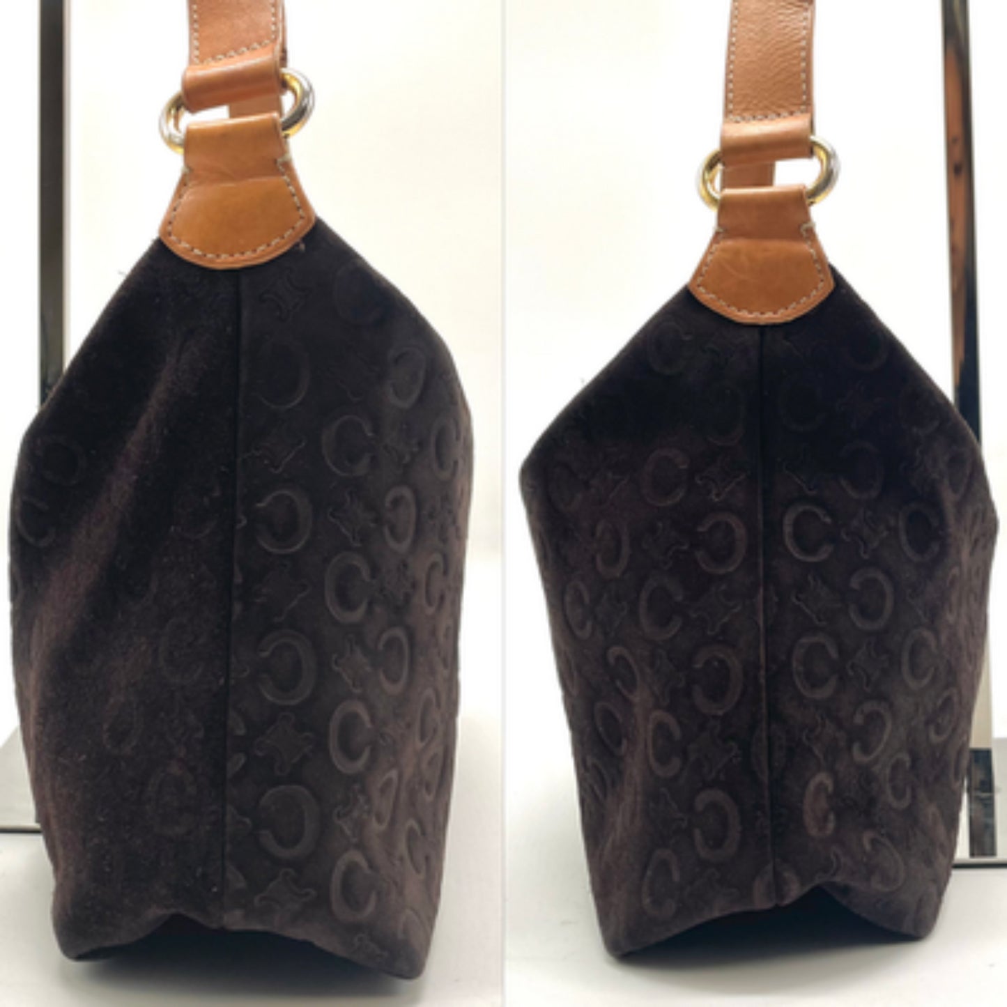 CELINE Shoulder Bag Purse C Macadam Suede Leather Brown Authentic