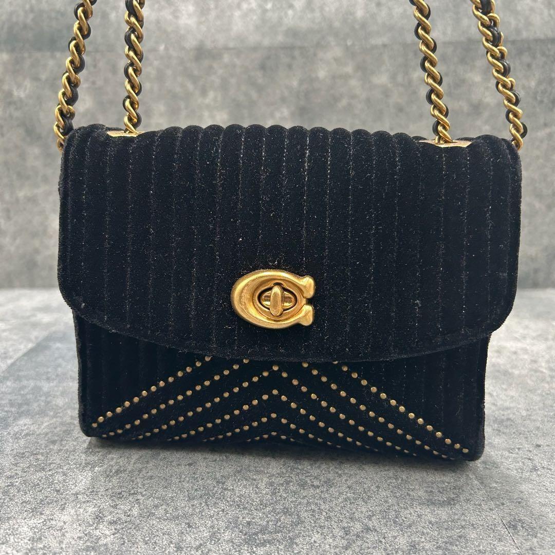 COACH Shoulder Bag Purse Turn Lock 31034 Chain Suede Black Authentic