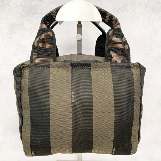 FENDI Pecan Handbag Tote Pouch Purse Logo Canvas Leather Brown Black Auth Used