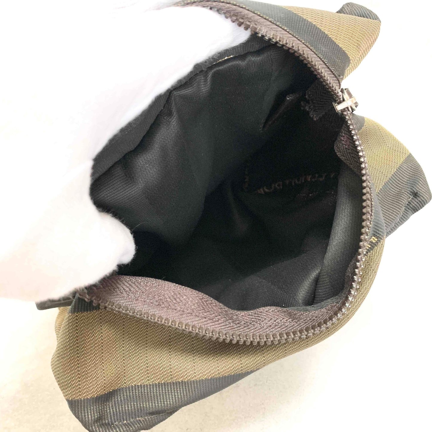 FENDI Pecan Handbag Tote Pouch Purse Logo Canvas Leather Brown Black Auth Used