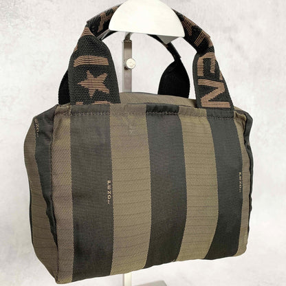 FENDI Pecan Handbag Tote Pouch Purse Logo Canvas Leather Brown Black Auth Used