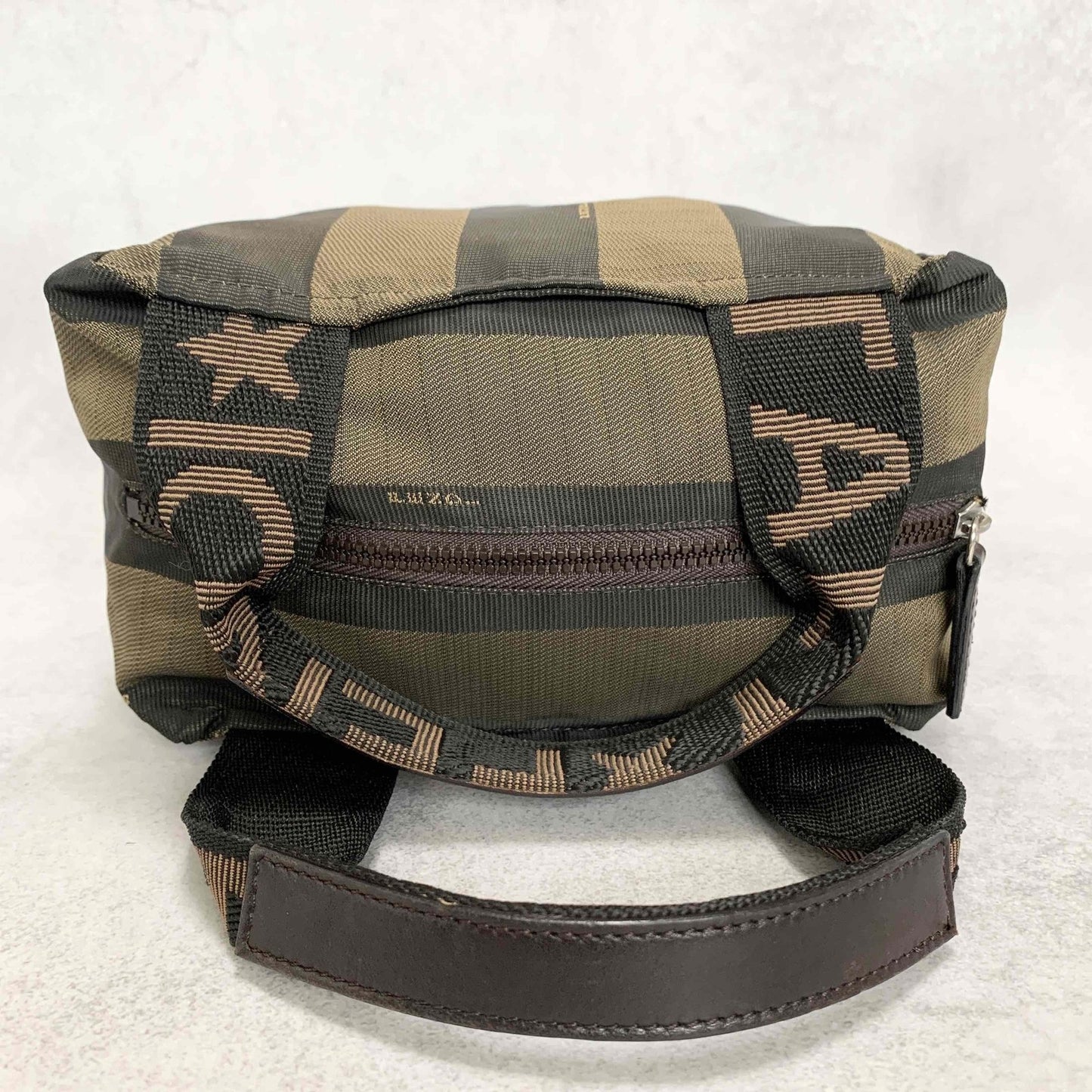 FENDI Pecan Handbag Tote Pouch Purse Logo Canvas Leather Brown Black Auth Used