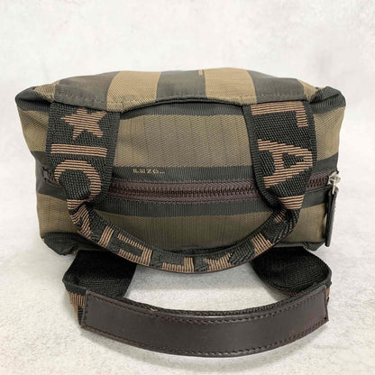 FENDI Pecan Handbag Tote Pouch Purse Logo Canvas Leather Brown Black Auth Used