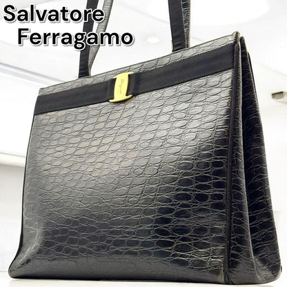 Salvatore Ferragamo Hand Bag Tote Purse Leather Black Authentic