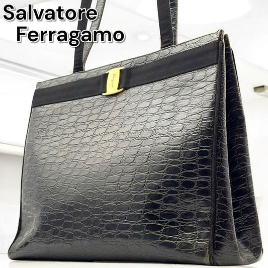 Salvatore Ferragamo Hand Bag Tote Purse Leather Black Authentic