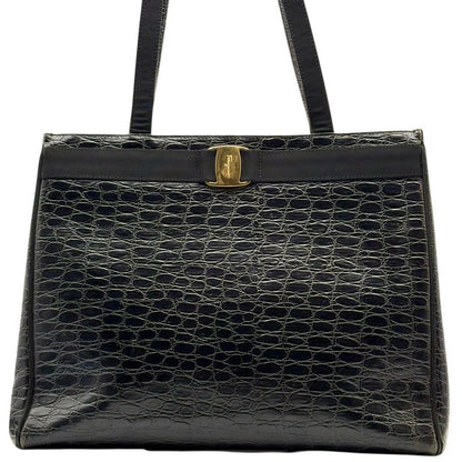 Salvatore Ferragamo Hand Bag Tote Purse Leather Black Authentic