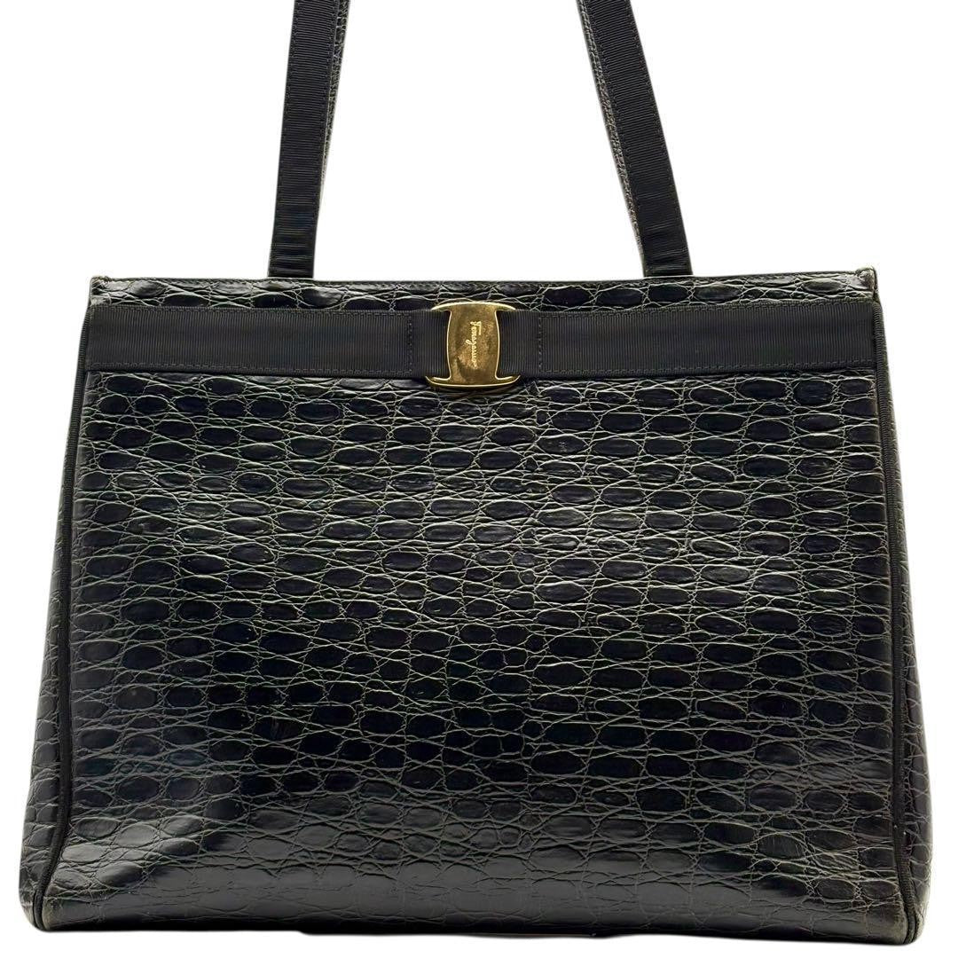 Salvatore Ferragamo Hand Bag Tote Purse Leather Black Authentic