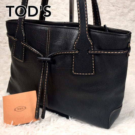 TOD'S Tote Bag Purse Stitching Handbag Shoulder Black Leather Women's Authentic