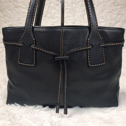 TOD'S Tote Bag Purse Stitching Handbag Shoulder Black Leather Women's Authentic