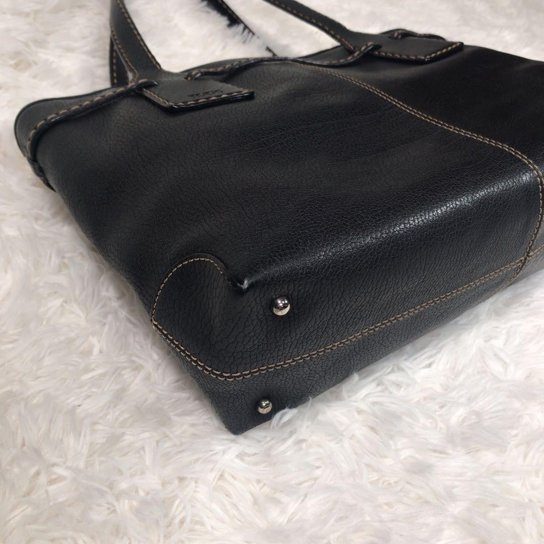 TOD'S Tote Bag Purse Stitching Handbag Shoulder Black Leather Women's Authentic