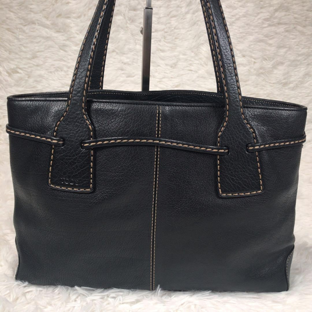 TOD'S Tote Bag Purse Stitching Handbag Shoulder Black Leather Women's Authentic