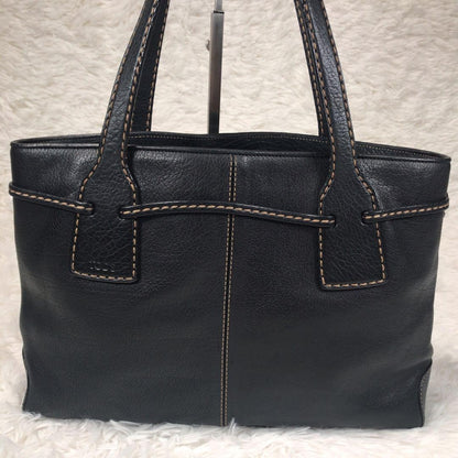 TOD'S Tote Bag Purse Stitching Handbag Shoulder Black Leather Women's Authentic