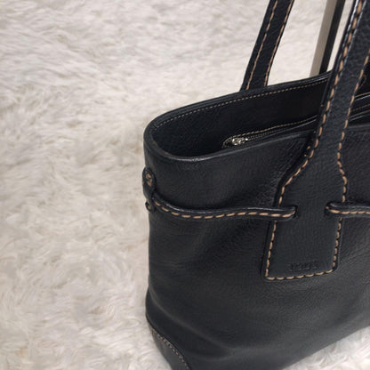 TOD'S Tote Bag Purse Stitching Handbag Shoulder Black Leather Women's Authentic