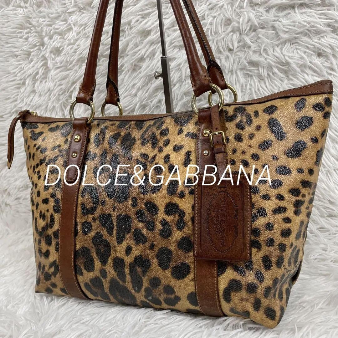 Dolce & Gabbana Hand Bag Tote Purse Leopard PVC Leather Brown Authentic