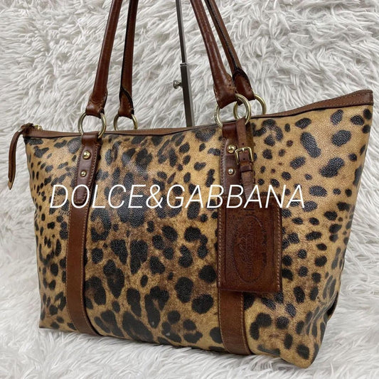 Dolce & Gabbana Hand Bag Tote Purse Leopard PVC Leather Brown Authentic