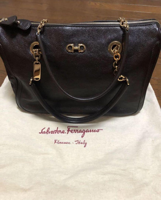 Salvatore Ferragamo Hand Bag Tote Purse Gancini Leather Black Authentic
