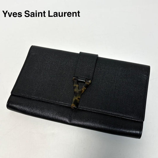 Saint Laurent Clutch Bag Second Bag Y Line Leather Black Authentic