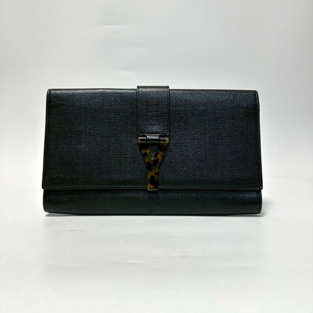 Saint Laurent Clutch Bag Second Bag Y Line Leather Black Authentic