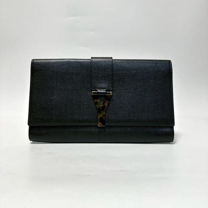 Saint Laurent Clutch Bag Second Bag Y Line Leather Black Authentic