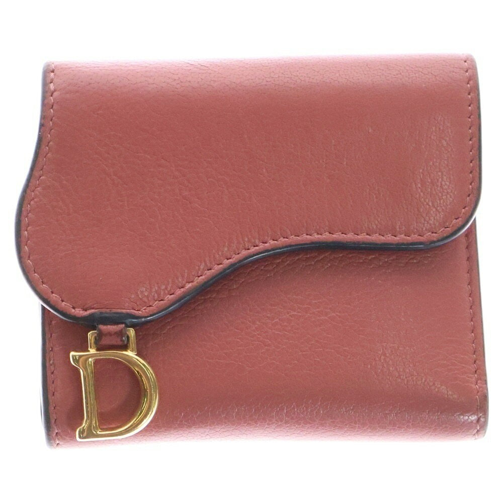 Christian Dior Tri-fold Wallet Compact Purse Saddle Leather Pink Authentic