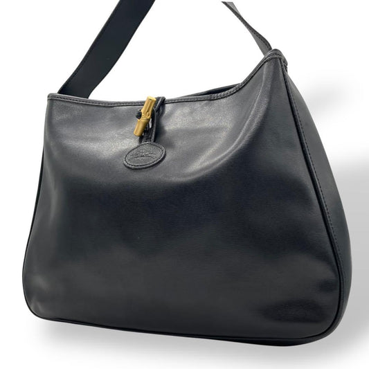 Longchamp Shoulder Bag Purse Leather Black Authentic