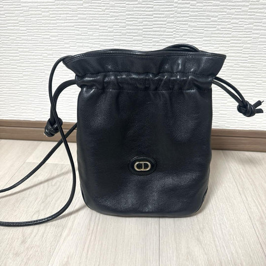 Christian Dior Shoulder Bag Purse CD Leather Black Authentic
