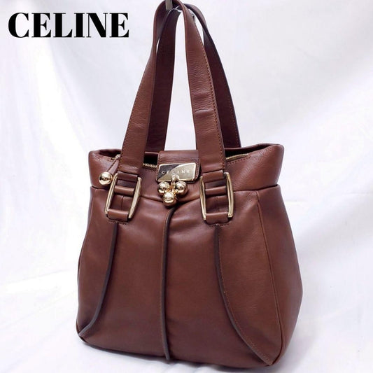 CELINE Hand Bag Tote Purse Leather Brown Authentic
