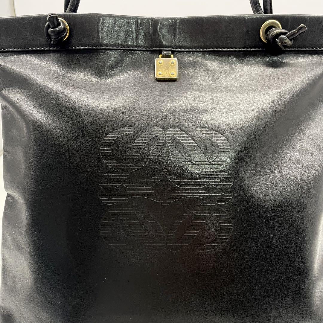 LOEWE Hand Bag Tote Purse Anagram Leather Black Authentic