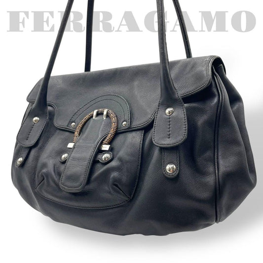 Salvatore Ferragamo Hand Bag Tote Purse Gancini Leather Black Authentic