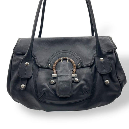 Salvatore Ferragamo Hand Bag Tote Purse Gancini Leather Black Authentic