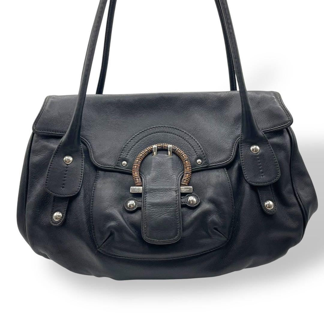 Salvatore Ferragamo Hand Bag Tote Purse Gancini Leather Black Authentic