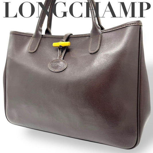 Longchamp Hand Bag Tote Purse Leather Brown Authentic