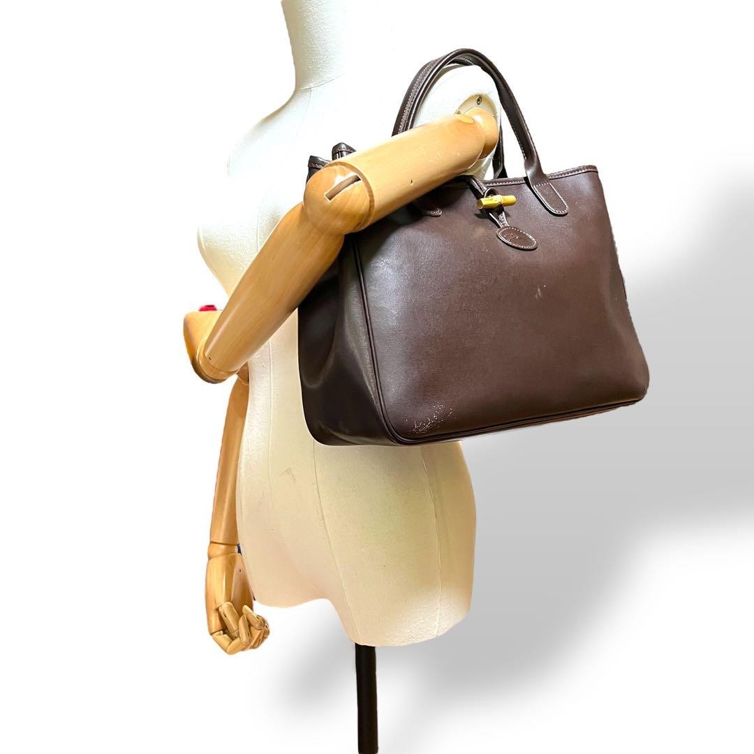 Longchamp Hand Bag Tote Purse Leather Brown Authentic