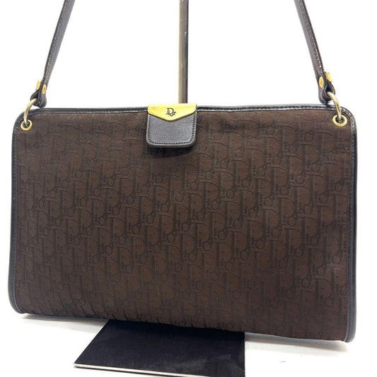 Christian Dior Shoulder Bag Purse Trotter Canvas Leather Brown Authentic