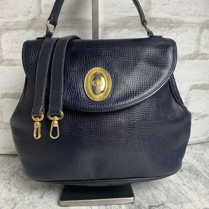 Christian Dior Shoulder Bag Purse CD Leather Navy Authentic