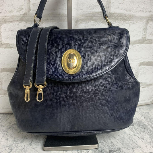 Christian Dior Shoulder Bag Purse CD Leather Navy Authentic