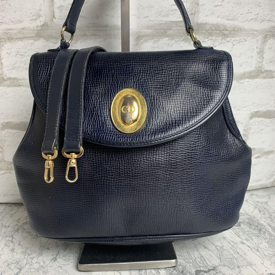 Christian Dior Shoulder Bag Purse CD Leather Navy Authentic