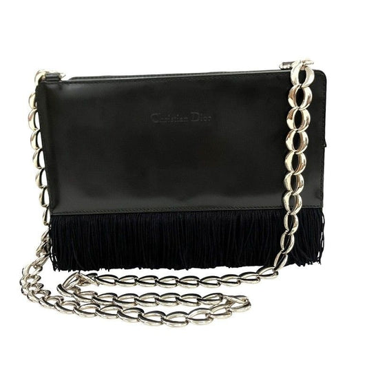 Christian Dior Shoulder Bag Purse Logo Leather Black Authentic