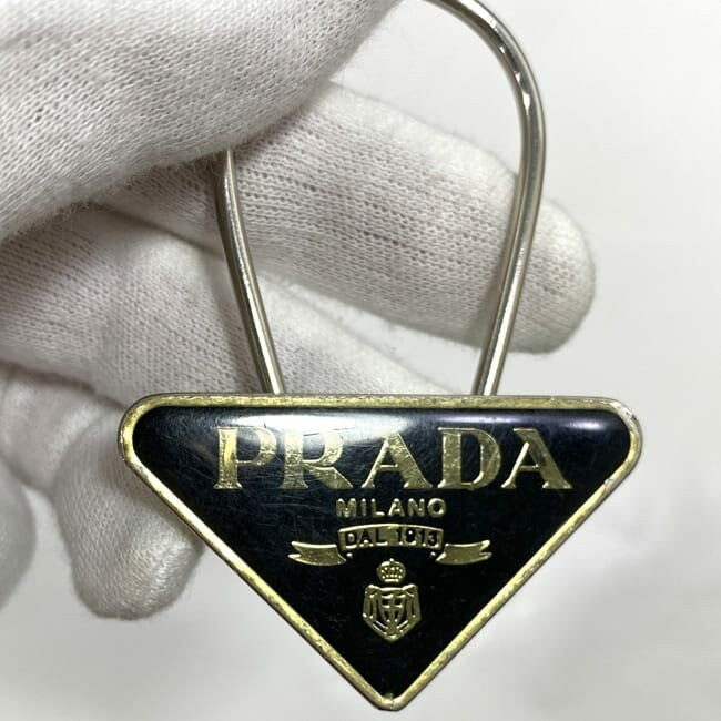 PRADA Key Ring Keychain Bag Charm Logo Silver Metal Authentic
