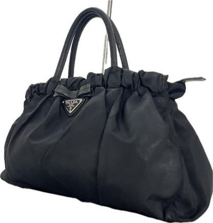 PRADA Hand Bag Tote Purse Logo Nylon Leather Black Authentic