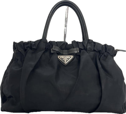 PRADA Hand Bag Tote Purse Logo Nylon Leather Black Authentic