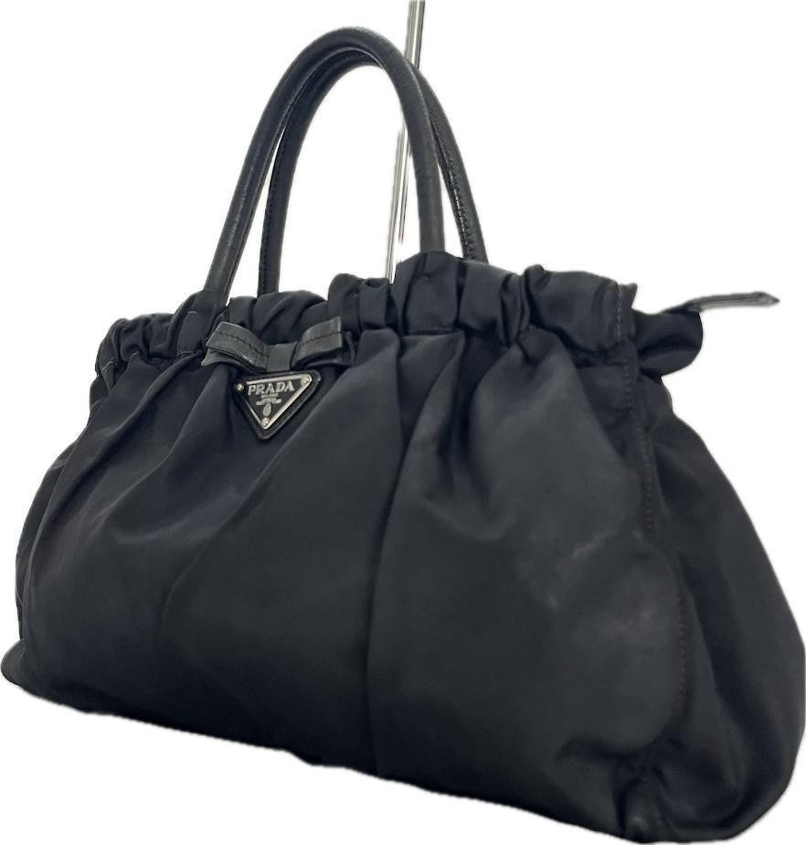 PRADA Hand Bag Tote Purse Logo Nylon Leather Black Authentic