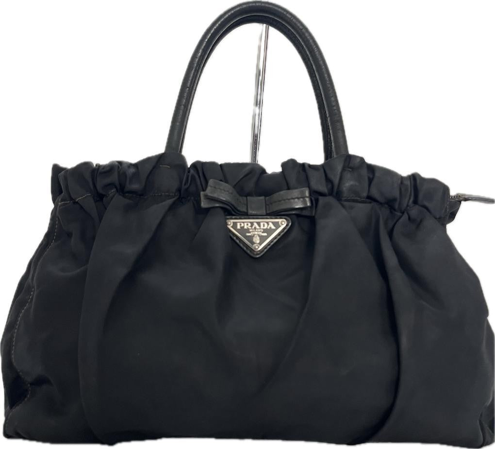 PRADA Hand Bag Tote Purse Logo Nylon Leather Black Authentic